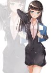  1girl :o =o absurdres adjusting_hair arm_behind_head arm_up bangs black_hair black_jacket black_skirt blunt_bangs blush eyebrows_visible_through_hair folder green_eyes hair_ornament hand_in_hair highres holding_folder jacket kurosawa_dia long_hair long_sleeves love_live! love_live!_sunshine!! miniskirt mole mole_under_mouth office_lady open_mouth pink_shirt shirt simple_background sin_(sin52y) skirt solo white_background x_hair_ornament 