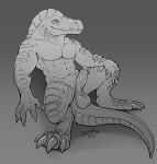  absurd_res alligator alligatorid anthro balls bodily_fluids crocodilian danero erection genital_fluids genitals hi_res humanoid_genitalia humanoid_penis league_of_legends male monochrome muscular penis precum presenting renekton renekton_(lol) reptile riot_games scalie solo uncut video_games 