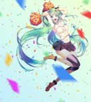  1girl :d bare_shoulders bow breasts cheerleader cleavage confetti detached_collar detached_sleeves eyebrows_visible_through_hair good_smile hair_bow hair_ribbon hatsune_miku highres jumping large_breasts leggings long_hair looking_at_viewer miniskirt navel necktie open_mouth p.p_(operson_nangko) platform_footwear platform_heels pom_poms ribbon see-through skirt smile solo strapless tubetop very_long_hair vocaloid 