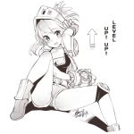  1girl belt blush breasts cleavage crusaders_quest dated ejami gameplay_mechanics gloves greyscale heart looking_at_viewer medium_hair monochrome open_mouth shorts signature simple_background smile solo star white_background 