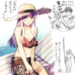  1girl assassin_(fate/stay_night) bikini black_bikini breasts caster cleavage clenched_teeth collarbone doshiko fate/stay_night fate_(series) floating_hair hat high_ponytail highres holding holding_sword holding_weapon kuzuki_souichirou long_hair looking_at_viewer medium_breasts navel purple_eyes purple_hair shiny shiny_hair sitting sketch straw_hat sun_hat sweatdrop swimsuit sword teeth very_long_hair weapon 