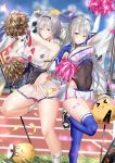  &gt;_&lt; 2girls :o a-by absurdres arm_up armpit_cutout azur_lane bangs bare_shoulders beltbra bird black_hairband black_leotard blood blue_legwear blue_sky blurry blurry_background blurry_foreground blush boots bow braid breasts casablanca_(azur_lane) casablanca_(cheer_squad_on_break)_(azur_lane) cheering cheerleader chick chinese_commentary cleavage closed_mouth cloud commentary_request confetti covered_navel covered_nipples cowboy_shot crop_top crop_top_overhang eagle_union_(emblem)_(azur_lane) eyebrows_visible_through_hair flag grass grey_hair hair_between_eyes hair_bow hairband hat highres holding_pom_poms knee_boots large_breasts leotard leotard_under_clothes long_hair long_sleeves looking_at_viewer manjuu_(azur_lane) midriff miniskirt multiple_girls navel nipple_slip nipples o_o open_mouth parted_hair pleated_skirt pom_poms purple_eyes purple_sash reno_(azur_lane) reno_(biggest_little_cheerleader)_(azur_lane) ribbed_legwear sash scoreboard see-through see-through_skirt see-through_sleeves shadow sheer_clothes shiny shiny_skin shirt shoes short_hair sidelocks silver_hair skirt sky sleeveless smile sneakers sparkle standing standing_on_one_leg sweat thighhighs track_and_field two-tone_skirt underboob very_long_hair white_footwear white_headwear white_skirt 