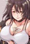  1girl arm_tattoo azur_lane baltimore_(azur_lane) baltimore_(black_ace)_(azur_lane) bangs bare_shoulders black_choker black_jacket braid breasts brown_hair chest_tattoo choker cleavage collarbone commentary_request eyebrows_behind_hair eyelashes flower_tattoo forest_(4423) french_braid grey_background hair_between_eyes highres impossible_clothes jacket large_breasts light_particles looking_at_viewer medium_hair midriff off-shoulder_jacket off_shoulder revision short_hair shoulder_tattoo sidelocks simple_background smile solo sports_bra tattoo upper_body white_sports_bra yellow_eyes 
