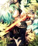  1girl arm_up blurry_foreground byleth_(fire_emblem) byleth_(fire_emblem)_(female) fire_emblem fire_emblem:_three_houses from_above green_hair highres holding holding_sword holding_weapon long_hair looking_at_viewer pantyhose shiny shiny_hair short_sleeves solo sword tida_2112 weapon 