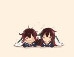  2girls beige_background blanket brown_hair closed_eyes facing_viewer gradient_hair kantai_collection kisaragi_(kantai_collection) long_hair messy_hair multicolored_hair multiple_girls mutsuki_(kantai_collection) otoufu red_hair short_hair simple_background sleepwear sleepy under_covers 