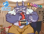  2020 anthro belly bottomwear bulge clothing erection erection_under_clothing gamush4ra genitals hi_res hikiganebousou humanoid_hands male nintendo nintendo_switch overweight overweight_male penis phone shirt shorts solo tokyo_afterschool_summoners topwear tsathoggua video_games 