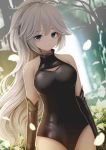  1girl black_gloves blue_eyes breasts cleavage cleavage_cutout closed_mouth commission elbow_gloves eyebrows_visible_through_hair gloves greyscale highres kirimatsu large_breasts long_hair looking_at_viewer monochrome nier_(series) nier_automata original petals ponytail smile solo very_long_hair 