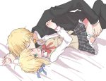  1boy 1girl artoria_pendragon_(all) bed_sheet black_jacket black_legwear black_skirt blonde_hair blue_ribbon closed_eyes collared_shirt couple earrings fate/stay_night fate_(series) gilgamesh green_eyes hair_ribbon hetero homurahara_academy_uniform jacket jewelry long_sleeves lying miniskirt nayu_tundora neck_ribbon on_back one_eye_closed open_clothes open_jacket panties panty_pull pleated_skirt pulled_by_another red_ribbon ribbon saber shirt short_hair sketch skirt striped striped_panties sweatdrop thighhighs underwear white_background white_shirt wing_collar wrist_grab 