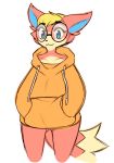  animal_crossing anthro audie_(animal_crossing) blonde_hair blue_eyes bottomless canid canine canis clothed clothing dipstick_tail drawstring eyewear female fur glasses hair hi_res hoodie mammal multicolored_body multicolored_tail nintendo orange_body orange_fur orange_hoodie raikissu solo tan_body tan_fur topwear two_tone_body video_games wolf 