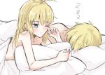  1boy 1girl ahoge artoria_pendragon_(all) bangs bed_sheet blonde_hair blush eyebrows_visible_through_hair fate/stay_night fate_(series) gilgamesh green_eyes hair_between_eyes highres long_hair lying nayu_tundora nude on_stomach one_eye_closed parted_lips pillow saber shiny shiny_hair sketch under_covers upper_body zzz 