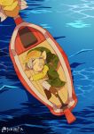  1boy 1other bangs blonde_hair boat brown_footwear child eyebrows_visible_through_hair green_headwear green_vest highres link lying ocean on_side parted_bangs parted_lips phrygian_cap pointy_ears sidelocks signature the_king_of_red_lions the_legend_of_zelda the_legend_of_zelda:_the_wind_waker thick_eyebrows tokuura toon_link unconscious vest water watercraft waves white_legwear 