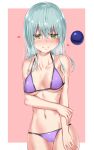  1girl aqua_hair bangs bare_arms blush breasts closed_mouth commentary_request cowboy_shot eyebrows_visible_through_hair green_eyes hair_between_eyes heart heart-shaped_pupils highres komeiji_koishi large_breasts looking_at_viewer navel purple_swimsuit sidelocks smile solo sweat swimsuit symbol-shaped_pupils third_eye touhou yonaga_(masa07240) 