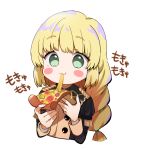  1girl :3 :t bangs black_jacket blonde_hair blush_stickers braid closed_mouth cropped_torso eating eyebrows_visible_through_hair fire_emblem fire_emblem:_three_houses food garreg_mach_monastery_uniform green_eyes highres holding holding_food ingrid_brandl_galatea jacket long_hair long_sleeves looking_at_viewer oroshipon_zu pizza simple_background slice_of_pizza solo translation_request uniform upper_body white_background 