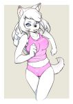  2019 anthro black_nose blue_eyes camel_toe canid canine canis domestic_dog female front_view fur hair hi_res inner_ear_fluff j7w kemono long_hair mammal nipple_outline running simple_background solo sportswear tuft white_body white_fur 