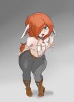  blue_eyes boots braided_hair breasts clothed clothing elf female footwear freckles guiltyskull_(artist) hair humanoid long_ears long_tongue looking_at_viewer open_shirt partially_clothed red_hair shirt short_stack snake_tongue solo thick_thighs tongue topwear wide_hips 