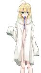  1girl ahoge artoria_pendragon_(all) bangs blonde_hair blue_ribbon borrowed_garments breasts cleavage eyebrows_visible_through_hair fate/stay_night fate_(series) gilgamesh green_eyes groin hair_between_eyes hair_down highres long_hair looking_at_viewer mouth_hold naked_coat nayu_tundora ribbon saber shiny shiny_hair simple_background sketch sleeves_past_fingers sleeves_past_wrists small_breasts solo standing straight_hair white_background 