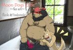  2012 anthro balls belly blush bottomwear brown_body brown_fur canid canine clothing duo english_text fur genitals hi_res humanoid_hands kemono male mammal moobs nipples overweight overweight_male pants penis pubes scar suishou0602 text underwear ursid 