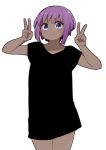  &gt;:) 1girl black_shirt blush closed_mouth collarbone dark_skin double_v fate/prototype fate/prototype:_fragments_of_blue_and_silver fate_(series) hands_up hassan_of_serenity_(fate) highres i.u.y purple_eyes purple_hair shirt short_hair short_sleeves simple_background smile solo v v-shaped_eyebrows white_background 