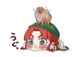  1girl animal blue_eyes braid chinese_clothes dog hat hong_meiling long_hair neko_majin on_head pants red_hair simple_background snot standing_on_person tangzhuang tearing_up touhou translation_request twin_braids white_background 