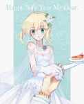  1girl absurdres ahoge artoria_pendragon_(all) bangs blonde_hair blurry_foreground breasts cleavage collarbone dress earrings elbow_gloves eyebrows_visible_through_hair fate/stay_night fate_(series) floating_hair gloves green_eyes hair_between_eyes happy_new_year highres holding holding_hand holding_plate jewelry nayu_tundora necklace new_year open_mouth plate saber see-through shiny shiny_hair short_hair sleeveless sleeveless_dress small_breasts standing strapless strapless_dress wedding_dress white_dress white_gloves 