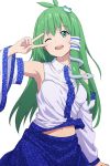  1girl antenna_hair bangs bare_shoulders blue_skirt breasts commentary_request cowboy_shot detached_sleeves eyebrows_visible_through_hair frog_hair_ornament green_eyes green_hair hair_ornament head_tilt highres kochiya_sanae leon_(mikiri_hassha) long_hair long_sleeves looking_at_viewer medium_breasts midriff navel one_eye_closed open_mouth shirt simple_background skirt solo touhou v white_background white_shirt 