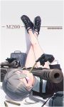  1girl bangs black_footwear black_gloves black_skirt blush bolt_action brown_jacket bullet character_name cheytac_m200 girls_frontline gloves grey_background grey_hair gun hair_between_eyes headphones headphones_removed highres jacket kuro_kosyou legs legs_up long_hair long_sleeves lying m200_(girls_frontline) on_back pleated_skirt purple_eyes rifle shirt shoes simple_background skirt sneakers sniper_rifle socks solo weapon white_legwear white_shirt 