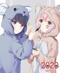  2020 2girls absurdres animal_costume animal_ears black_hair blue_eyes calligraphy_brush chinese_zodiac cosplay face_painting file112056 highres ink kagamihara_nadeshiko kigurumi mouse_costume mouse_ears multiple_girls new_year paintbrush pink_hair purple_eyes shima_rin simple_background tears whisker_markings year_of_the_rat yurucamp 