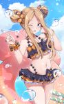  1girl abigail_williams_(fate/grand_order) absurdres bangs bare_shoulders bikini black_bikini black_bow blonde_hair blue_eyes blue_sky bow breasts collarbone double_bun emerald_float fate/grand_order fate_(series) forehead fork hair_bow highres long_hair looking_at_viewer multiple_bows multiple_hair_bows navel open_mouth orange_bow parted_bangs pink_innertube polka_dot polka_dot_bow scrunchie sidelocks sky small_breasts smile solo swimsuit thighs unlock-creed water_drop wrist_scrunchie 