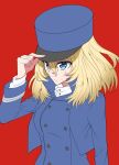  1girl adjusting_clothes adjusting_hat bangs bc_freedom_military_uniform blonde_hair blue_eyes blue_headwear blue_jacket blue_vest closed_mouth commentary dress_shirt eyebrows_visible_through_hair girls_und_panzer hat high_collar highres jacket kepi light_frown long_sleeves looking_to_the_side medium_hair messy_hair military military_hat military_uniform nakaba_neteru oshida_(girls_und_panzer) red_background shirt simple_background solo uniform upper_body vest white_shirt 