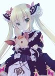  1girl bangs black_dress blonde_hair blue_background closed_mouth commentary_request double_bun dress eyebrows_visible_through_hair green_eyes hair_between_eyes hair_ribbon juliet_sleeves long_hair long_sleeves looking_at_viewer luna_(shadowverse) object_hug puffy_sleeves red_ribbon ribbon shadowverse shirogane_hina simple_background sleeves_past_wrists solo stuffed_animal stuffed_dog stuffed_toy twintails very_long_hair 