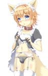  2020 anthro bell☆ blue_eyes blush brown_body brown_fur brown_hair bulge canid canine clothed clothing collar crossdressing fox fur girly hair hi_res legwear looking_at_viewer maid_uniform male mammal navel panties simple_background solo standing stockings underwear uniform white_background 