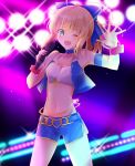  1girl ;d arm_strap artoria_pendragon_(all) belly_chain blonde_hair blue_bow blue_eyes blue_shorts bow breasts choker cleavage collarbone eyebrows_visible_through_hair fate/stay_night fate_(series) groin hair_between_eyes hair_bow high_ponytail highres holding holding_microphone idol jewelry long_hair looking_at_viewer microphone midriff navel nayu_tundora one_eye_closed open_mouth saber shiny shiny_hair short_shorts shorts side_slit small_breasts smile solo spotlight stage standing stomach wrist_cuffs 