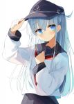  1girl anchor anchor_symbol bangs black_headwear blue_eyes blue_sailor_collar blue_skirt blush crossed_bangs eyebrows_visible_through_hair flat_cap hair_between_eyes hat hibiki_(kantai_collection) kamizaki_hibana kantai_collection long_hair long_sleeves pleated_skirt red_neckwear sailor_collar school_uniform serafuku silver_hair simple_background skirt smile solo white_background 