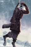  5_fingers anthro beak clothed clothing detailed_background digital_media_(artwork) fingers group gun hi_res hitmore hybrid male outside ranged_weapon sky snow snowing solo_focus weapon 