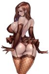  1girl ass backless_dress backless_outfit bare_shoulders breasts brown_dress brown_eyes brown_gloves brown_hair brown_panties chinese_commentary commentary_request dark_skin dress elbow_gloves from_behind garter_straps gloves highres huge_breasts long_hair looking_at_viewer looking_back original panties parted_lips personification photo-referenced shoulder_blades simple_background solo thick_thighs thighhighs thighs underwear white_background yin-ting_tian 