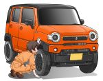  1girl arm_support bangs brown_footwear brown_hair car commentary girls_und_panzer gloves ground_vehicle jumpsuit logo long_sleeves mechanic motor_vehicle nakajima_(girls_und_panzer) open_mouth orange_jumpsuit revision shadow shoes short_hair simple_background smile solo squatting suzuki_(company) suzuki_hustler uniform uona_telepin white_background white_gloves 