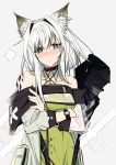  1boy 1girl animal_ear_fluff animal_ears arknights bangs bare_shoulders blush can&#039;t_be_this_cute cat_ears choker coat commentary crossed_arms detached_collar doctor_(arknights) dress english_commentary eyebrows_visible_through_hair green_dress green_eyes grey_background highres kal&#039;tsit_(arknights) ore_lesion_(arknights) ore_no_imouto_ga_konna_ni_kawaii_wake_ga_nai pokarii_zuu short_hair silver_hair watch white_coat wristwatch 