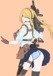 1girl absurdres assault_rifle black_legwear blonde_hair blue_panties blue_sky brown_gloves brown_hair character_request chest_rig combat_knife copyright_request cowboy_shot drawstring fn_scar foregrip from_behind gloves green_eyes groin gun hair_between_eyes handgun headset highres hinata_natsumikan hip_vent holster knife long_hair panties pantyshot pistol ponytail rifle short_sleeves sky solo thigh_holster thighhighs underwear weapon weapon_request wind wind_lift 