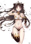  1girl absurdres armlet asymmetrical_legwear asymmetrical_sleeves bangs bare_shoulders bikini black_bow blush bow breasts brown_hair cleavage closed_mouth collarbone detached_sleeves earrings fate/grand_order fate_(series) gem gold_trim hair_bow highleg highleg_bikini highres hitomin_(ksws7544) hoop_earrings ishtar_(fate)_(all) jewelry long_hair looking_at_viewer medium_breasts navel neck_ring parted_bangs red_eyes ruby_(gemstone) simple_background single_detached_sleeve single_thighhigh smile solo sparkle swimsuit thighhighs thighs tiara two_side_up white_background wind wind_lift 