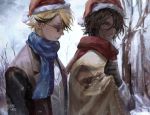  2boys black_hair blonde_hair blue_eyes chocolate_(food_fantasy) coffee_(food_fantasy) dark_skin dark_skinned_male food_fantasy gloves hat multiple_boys poncho santa_hat scarf short_hair smile sunglasses susurro-yo winter winter_clothes 