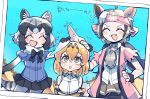  3girls :o ^_^ absurdres ahoge animal_ears ascot bare_arms bear_ears black_hair bodystocking bow bowtie closed_eyes coat collared_shirt common_raccoon_(kemono_friends) cowboy_shot cuffs dutch_angle elbow_gloves extra_ears ezo_brown_bear_(kemono_friends) fang fur_collar gloves grey_hair hand_on_another&#039;s_head hand_on_hip headband highres kanmoku-san kemono_friends laughing looking_up medium_hair microskirt multicolored_hair multiple_girls open_clothes open_coat open_mouth orange_hair petting photo_(object) print_gloves puffy_short_sleeves puffy_sleeves raccoon_ears raccoon_tail serval_(kemono_friends) serval_ears serval_print shirt short_hair short_sleeve_sweater short_sleeves side-by-side sidelocks skirt sleeveless sleeveless_shirt smile sparkle sparkling_eyes sweater tail white_hair wing_collar |d 