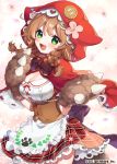  1girl :d animal_ears animal_hood apron bangs blush braid breasts brown_gloves brown_hair capelet cleavage commentary_request eyebrows_visible_through_hair fake_animal_ears flower frilled_apron frills gloves green_eyes hair_between_eyes hair_over_shoulder hood hood_up hooded_capelet long_hair looking_at_viewer medium_breasts nijisanji official_art open_mouth paw_gloves paws petals pink_flower plaid plaid_skirt red_capelet red_skirt shirt skirt smile solo twin_braids virtual_youtuber waist_apron warabeda_meijii watermark white_apron white_shirt yamabukiiro 
