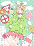  1girl balloon bandaid bangs blonde_hair blue_eyes bottle bow building cloud collarbone commentary drawstring expressionless feet_out_of_frame flower frilled_skirt frills giraffe green_hoodie hair_bow hair_ornament hairclip hand_in_pocket heart heart_print kagamine_rin looking_at_viewer melancholic_(vocaloid) miniskirt momo_pip orange_flower parted_lips pink_skirt pleated_skirt road_sign short_hair sign skirt solo stop_sign swept_bangs vocaloid white_bow yellow_flower 