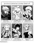 3boys 3girls ;d animal_ears ashitaka bangs bare_shoulders black_coat black_coat_(kingdom_hearts) bleach bridal_gauntlets character_name closed_mouth coat copyright_name crossover dog_ears dog_tail doubutsu_no_mori earrings edelgard_von_hresvelg expressionless fire_emblem fire_emblem:_three_houses gloves greyscale gym_leader hair_ribbon happy highres hood hoodie jewelry kibana_(pokemon) kingdom_hearts kingdom_hearts_ii long_hair looking_at_viewer monochrome mononoke_hime multiple_boys multiple_crossover multiple_girls musical_note one_eye_closed open_mouth parted_bangs parted_lips pokemon pokemon_(game) pokemon_swsh pokurimio ribbon roxas scarf serious shihouin_yoruichi shizue_(doubutsu_no_mori) short_hair sidelocks signature six_fanarts_challenge smile spiked_hair tail tail_wagging tongue tongue_out topknot 