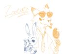  2018 anthro canid canine carrot_pen cheek_tuft clothed clothing disney duo eyewear facial_tuft food fox fur holding_food holding_object judy_hopps lagomorph leporid mammal necktie nick_wilde open_mouth open_smile pawpsicle popsicle rabbit red_fox shirt simple_background sirousagimei smile sunglasses tongue tongue_out topwear tuft white_background zootopia 