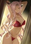  1girl animal_ears arknights armpits arms_behind_head arms_up backlighting bare_arms bare_shoulders bra breasts cleavage collarbone cowboy_shot dutch_angle earrings forehead gitano_(arknights) green_eyes jewelry large_breasts long_hair looking_at_viewer navel nevblindarts one_eye_closed panties parted_lips pink_hair red_bra red_panties red_ribbon ribbon side-tie_panties signature solo stomach underwear underwear_only very_long_hair wavy_hair 