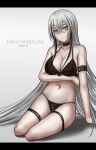  1girl arm_under_breasts armband breasts choker cleavage collarbone commentary_request destroyer_(girls_frontline) english_text girls_frontline grey_hair hair_between_eyes highres legband letterboxed lingerie long_hair multicolored_hair navel sangvis_ferri selcky sitting solo streaked_hair underwear very_long_hair white_hair yellow_eyes 