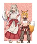  2girls absurdres adjustable_wrench animal_ear_fluff animal_ears apron blonde_hair blush boots breasts brown_apron brown_footwear brown_hair clothes_around_waist cosplay costume_switch cowboy_boots detached_sleeves elbow_pads fox fox_ears fox_girl fox_tail full_body goggles goggles_on_head hair_flaps hakama hands_on_hips highres japanese_clothes kimono kitsune lily_the_mechanic long_hair looking_at_viewer lost_pause mechanic miko multiple_girls navel puffy_detached_sleeves puffy_sleeves red_hakama ribbon-trimmed_sleeves ribbon_trim senko_(sewayaki_kitsune_no_senko-san) senko_(sewayaki_kitsune_no_senko-san)_(cosplay) sewayaki_kitsune_no_senko-san short_hair smile standing tail tail_raised tool_belt tools trait_connection v-shaped_eyebrows white_kimono wrench yellow_eyes ysui0000 