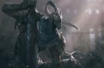  1boy armor artorias_the_abysswalker blurry blurry_background commentary damaged dark_souls from_side from_software full_armor gauntlets helmet holding holding_weapon jlien- knight male_focus planted planted_sword planted_weapon plume shoulder_armor solo souls_(from_software) spaulders sword upper_body weapon 