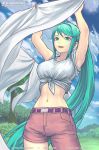  1girl armpits arms_up asymmetrical_pants bangs breasts casual clothesline cloud cloudy_sky collarbone contemporary day green_eyes green_hair hairband large_breasts long_hair marfrey midriff narrow_waist navel outdoors pneuma_(xenoblade_2) ponytail purple_belt shirt sky solo swept_bangs tied_shirt tree very_long_hair white_shirt xenoblade_(series) xenoblade_2 